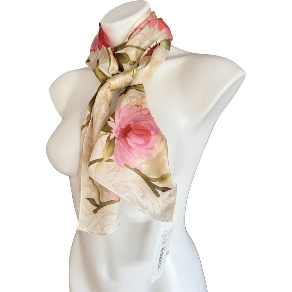 Echo Design 100% Silk Oblong Scarf Cream Pink Coral Floral NWT 11x52
